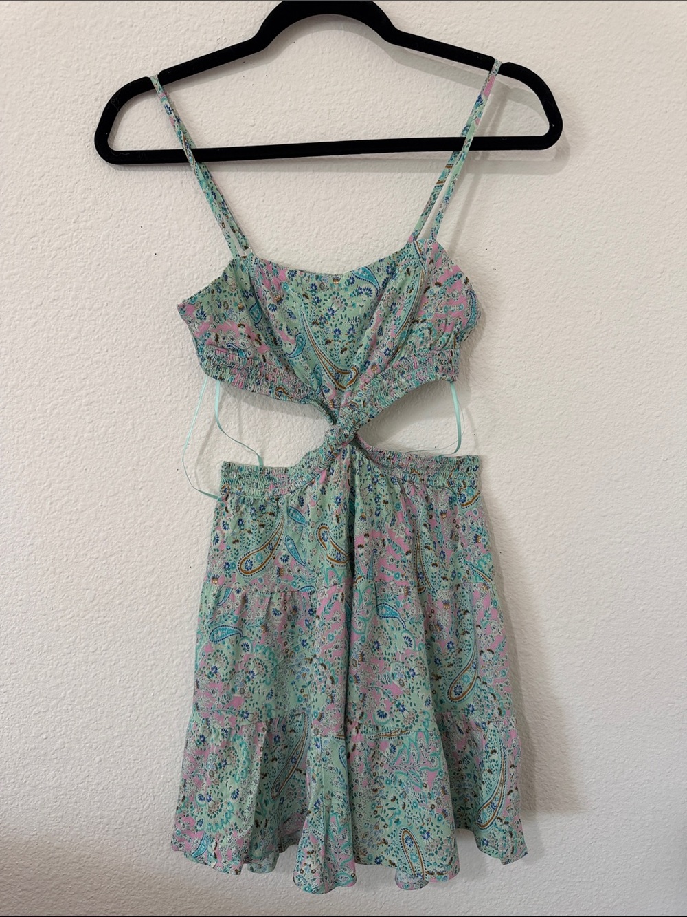 Mint Paisley Cutout Chemise with Tie Front